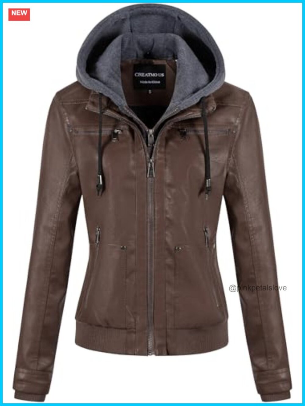 Faux Leather Bomber Jacket Detachable Hood Motorcycle Coat Waterproof